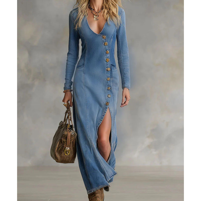 Elandrine — Langärmliges V-Ausschnitt Maxikleid