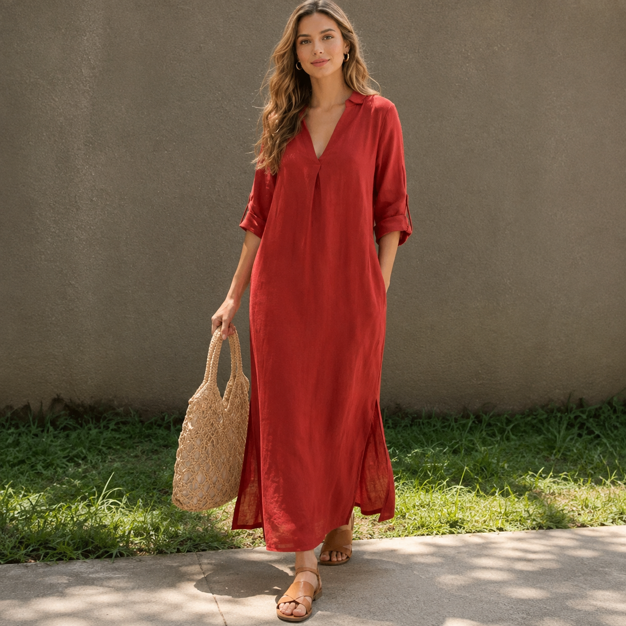 Isabeau — Midi-Kleid mit V-Ausschnitt und Schlitz