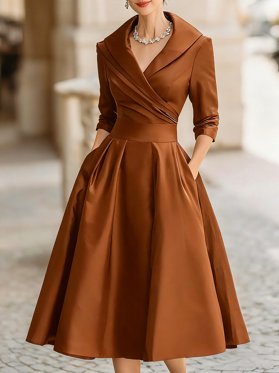 Auréve — Satin Draped-Collar A-Linien Midi-Kleid