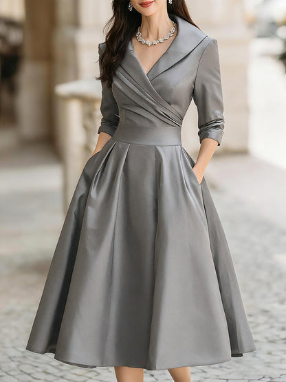 Auréve — Satin Draped-Collar A-Linien Midi-Kleid
