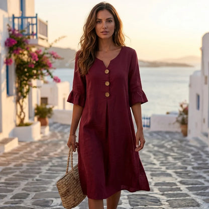 Marisol — Leinen Baumwolle Rüschensleeve Knopfkleid