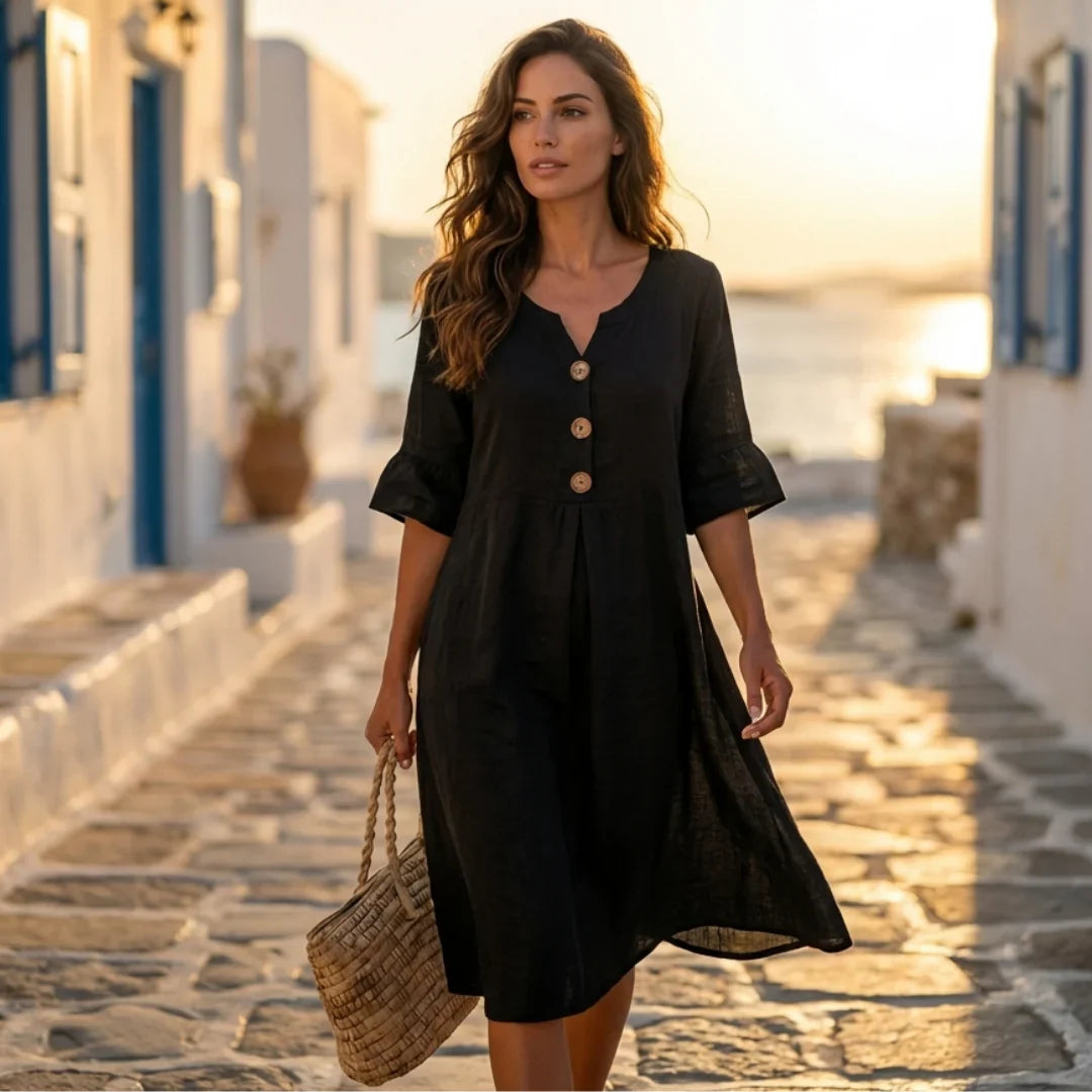 Marisol — Leinen Baumwolle Rüschensleeve Knopfkleid