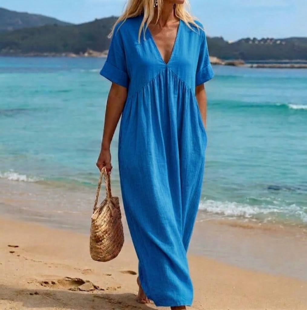 Viviana — V-Ausschnitt Leinen-Baumwoll Maxikleid