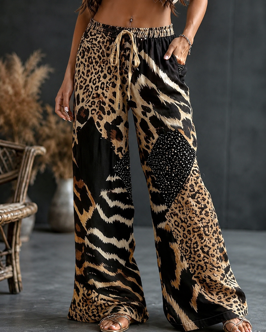 Johanna — Weite Hose mit Leo-Print und Patchwork-Design