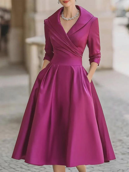 Auréve — Satin Draped-Collar A-Linien Midi-Kleid