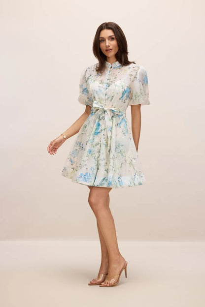 Caroline — Blumiges Mini-Kleid mit Puffärmeln