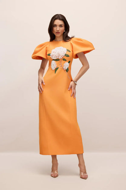 Botanica — Besticktes Floral Puffärmel Maxikleid