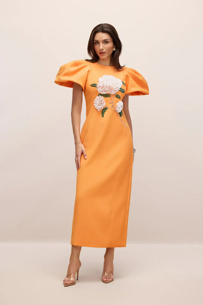 Botanica — Besticktes Floral Puffärmel Maxikleid