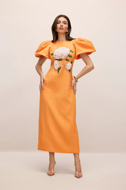 Botanica — Besticktes Floral Puffärmel Maxikleid