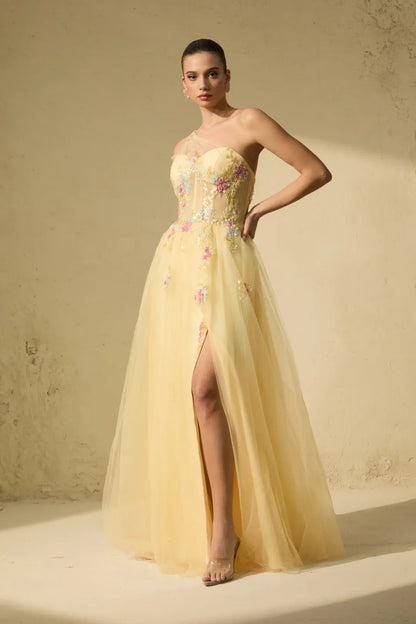 Solène — Floral Besticktes Ein-Schulter Maxikleid