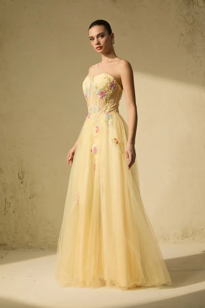Solène — Floral Besticktes Ein-Schulter Maxikleid
