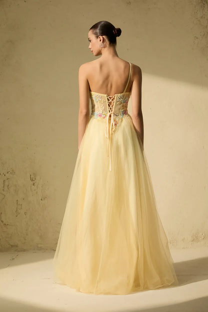Solène — Floral Besticktes Ein-Schulter Maxikleid