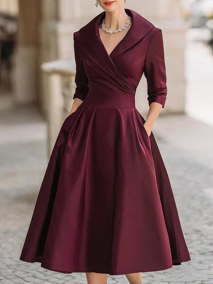 Auréve — Satin Draped-Collar A-Linien Midi-Kleid