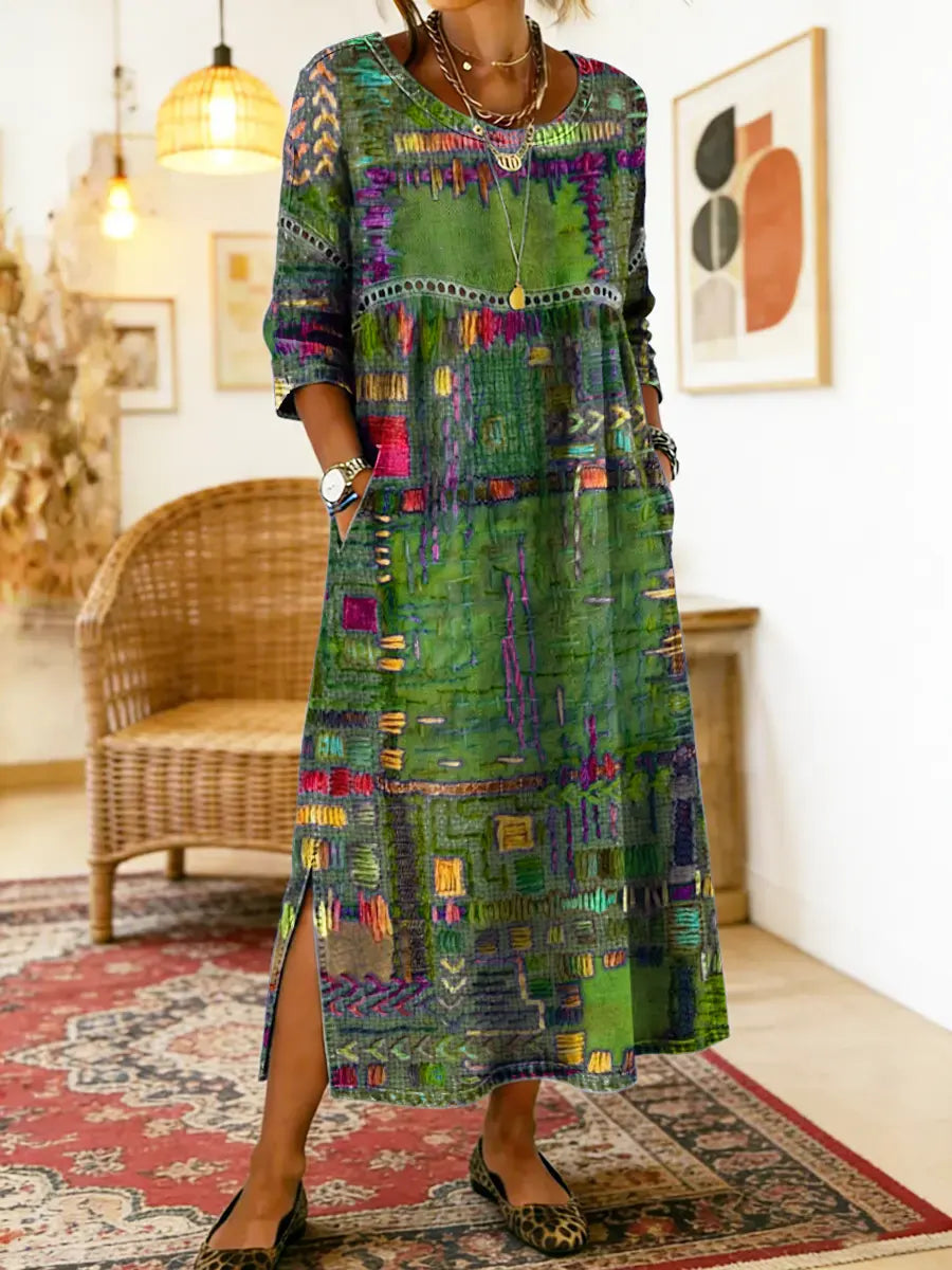 Folklén — Baumwolle Ethnischer Druck Maxikleid mit Spitzenbesatz