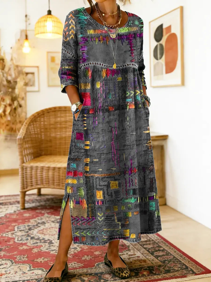 Folklén — Baumwolle Ethnischer Druck Maxikleid mit Spitzenbesatz