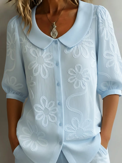 Florennzie — Bestickte Blumenshirt mit Stehkragen