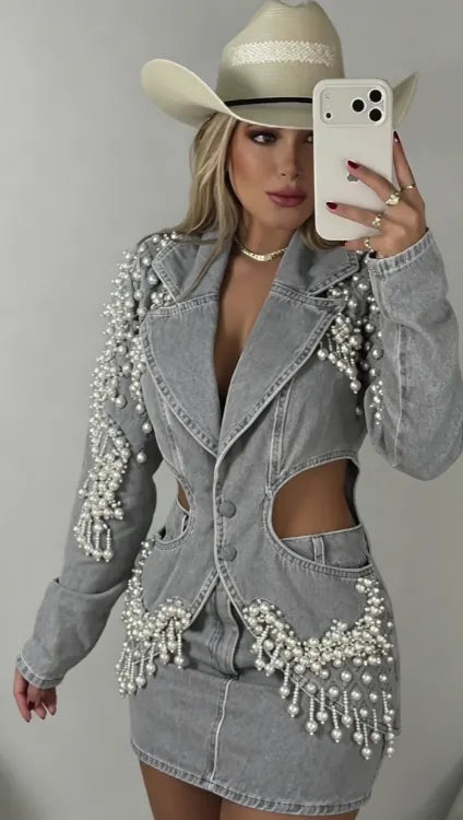Marseline — Denim-Set mit Perlenfransen, Jacke & Rock