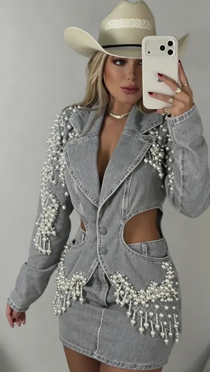 Marseline — Denim-Set mit Perlenfransen, Jacke & Rock