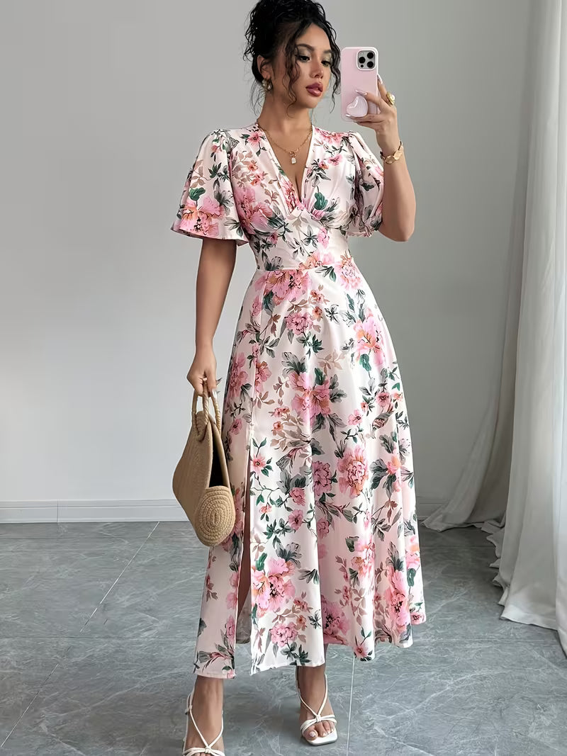 Mia — V-Ausschnitt Puffärmel-Kleid mit Beinschlitz