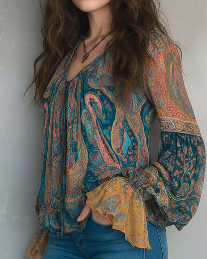 Ava — Boho-Bluse mit V-Ausschnitt und Schwingärmeln