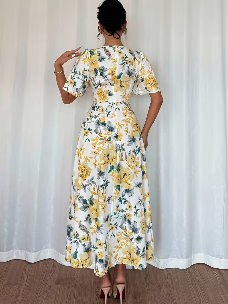 Mia — V-Ausschnitt Puffärmel-Kleid mit Beinschlitz