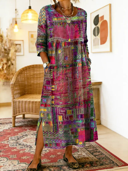 Folklén — Baumwolle Ethnischer Druck Maxikleid mit Spitzenbesatz