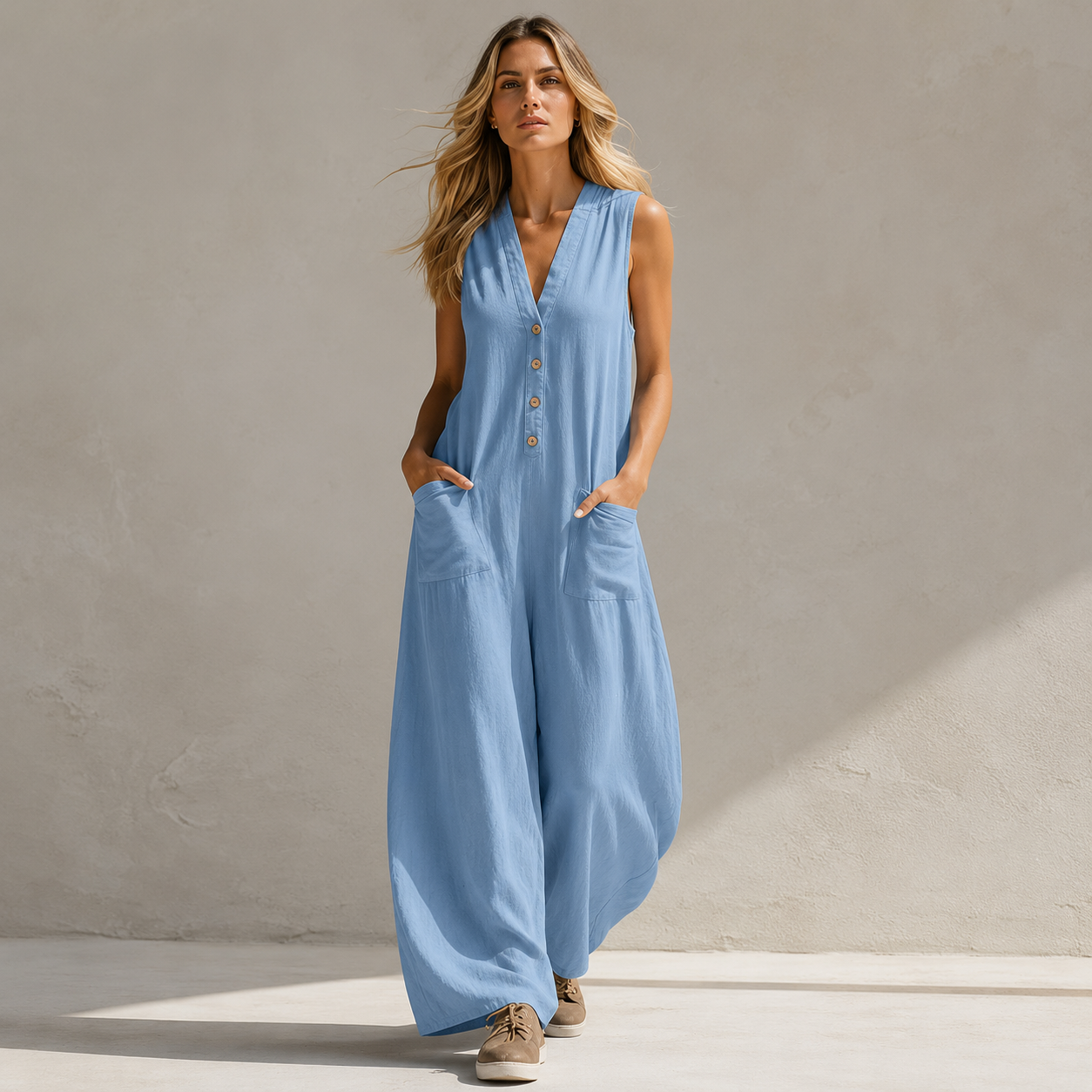Solandra — Leinen-Jumpsuit mit V-Ausschnitt und weitem Bein