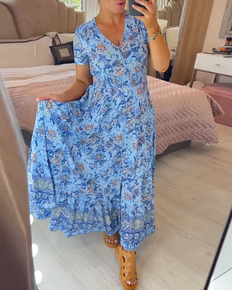 Elarosse — Midi-Kleid mit V-Ausschnitt und Blumenmuster