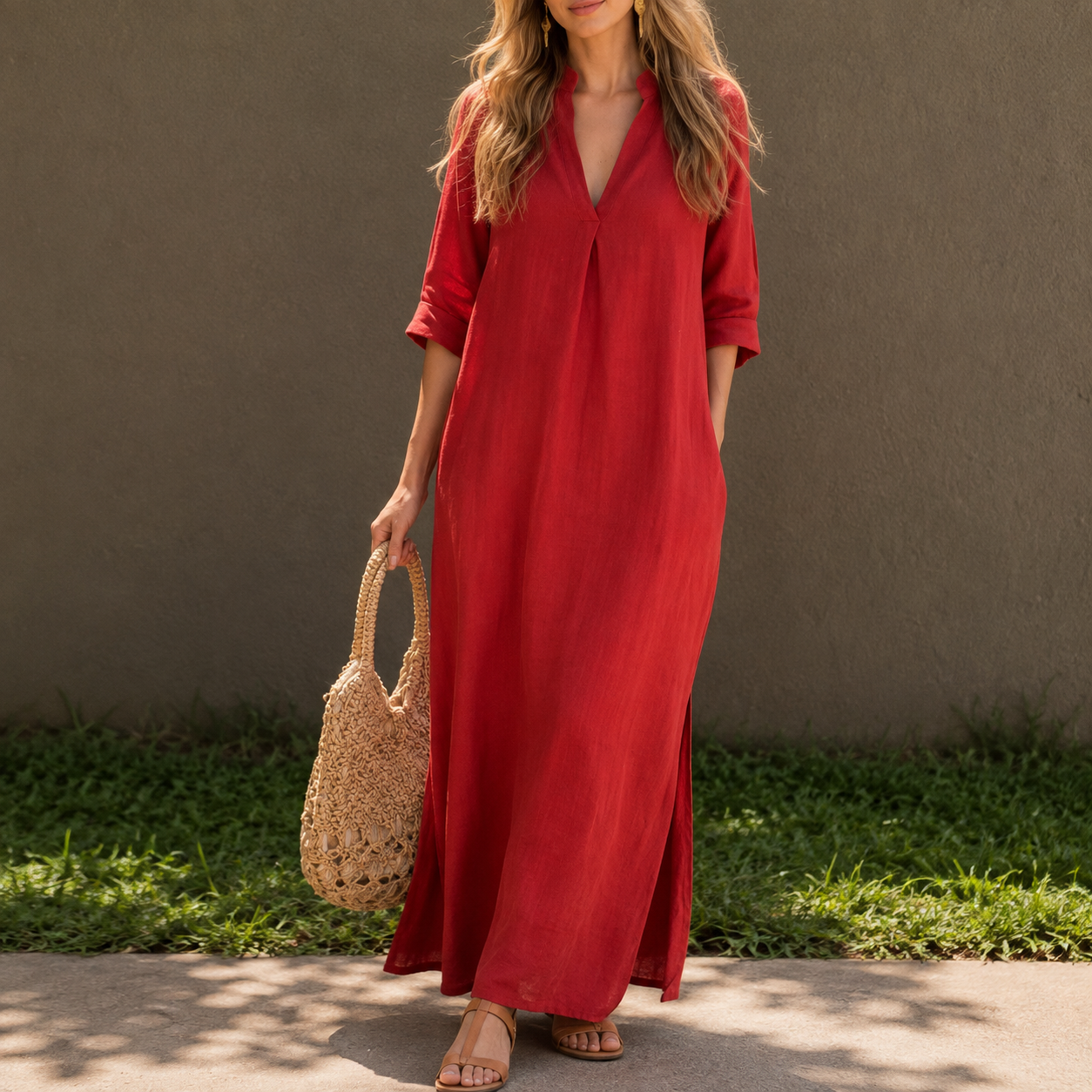 Isabeau — Midi-Kleid mit V-Ausschnitt und Schlitz