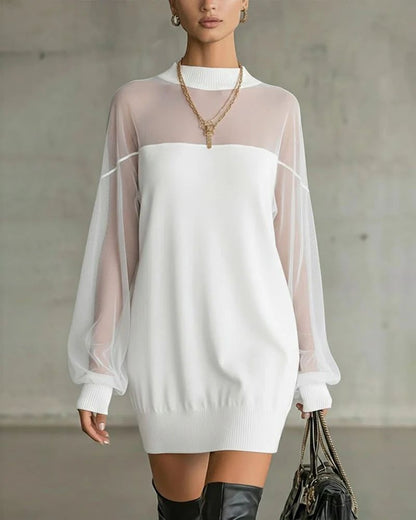 Clarève – Einfarbiges Patchwork-Kleid mit Laternenärmeln