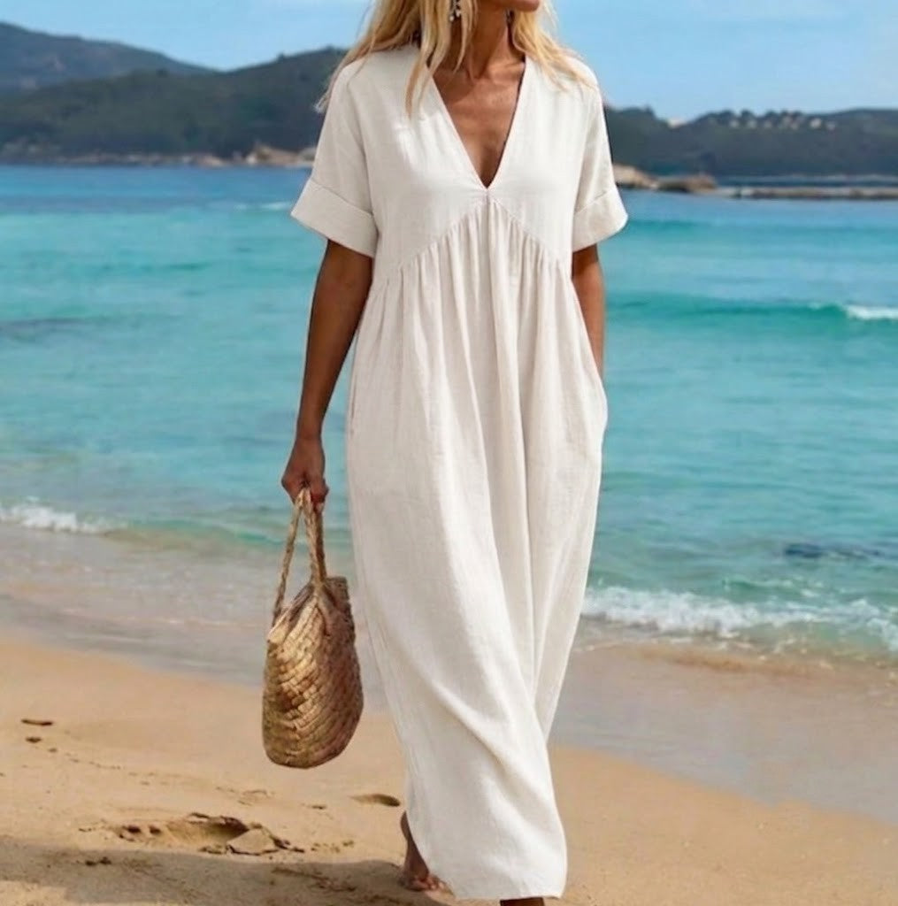 Viviana — V-Ausschnitt Leinen-Baumwoll Maxikleid
