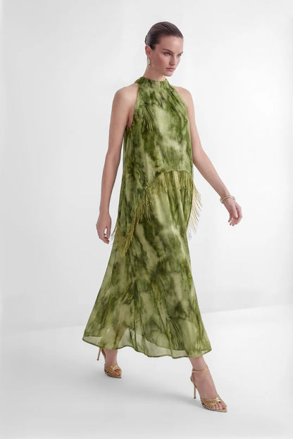 Verdène — Maxikleid mit Neckholder und Fransen