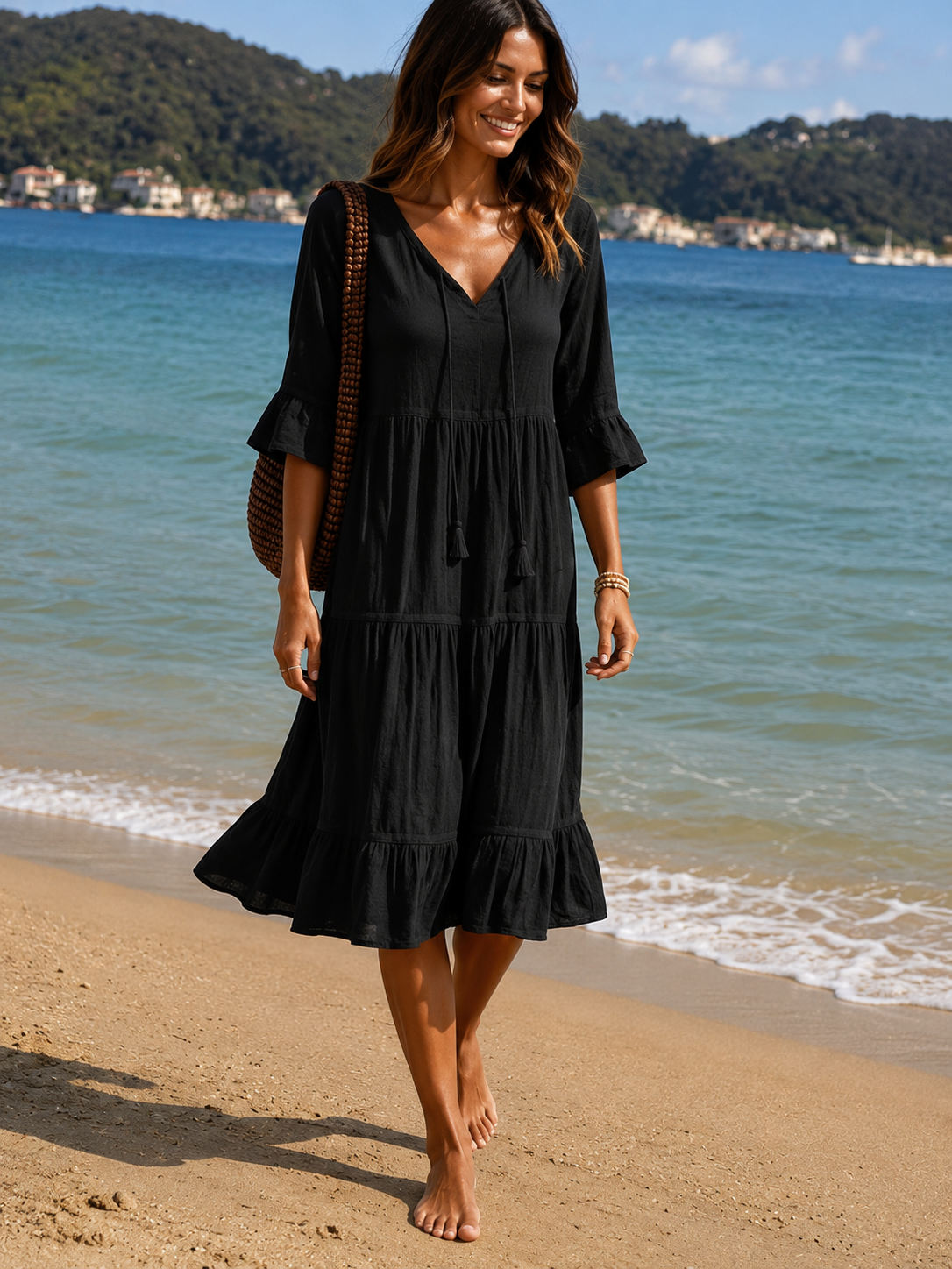 Averly — Kleid aus Baumwolle mit gebundenem Taillengürtel und halben Ärmeln