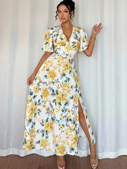 Mia — V-Ausschnitt Puffärmel-Kleid mit Beinschlitz