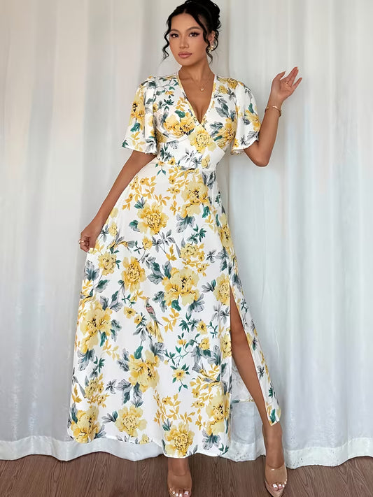Mia — V-Ausschnitt Puffärmel-Kleid mit Beinschlitz