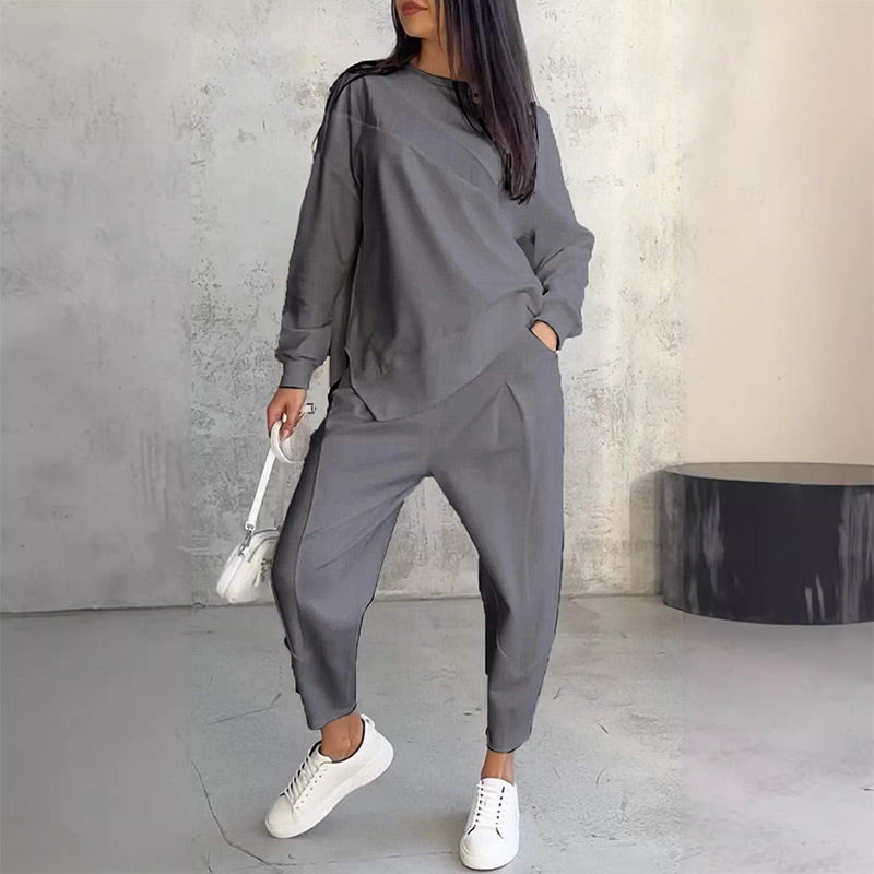 Noemi — Asymmetrisches Saum Sweatshirt & Hose Lounge Set