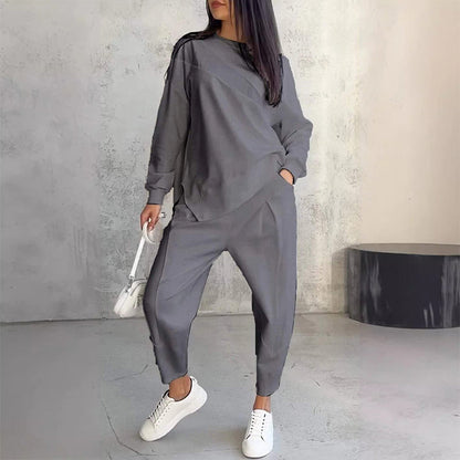 Noemi — Asymmetrisches Saum Sweatshirt & Hose Lounge Set
