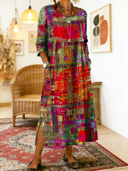 Folklén — Baumwolle Ethnischer Druck Maxikleid mit Spitzenbesatz