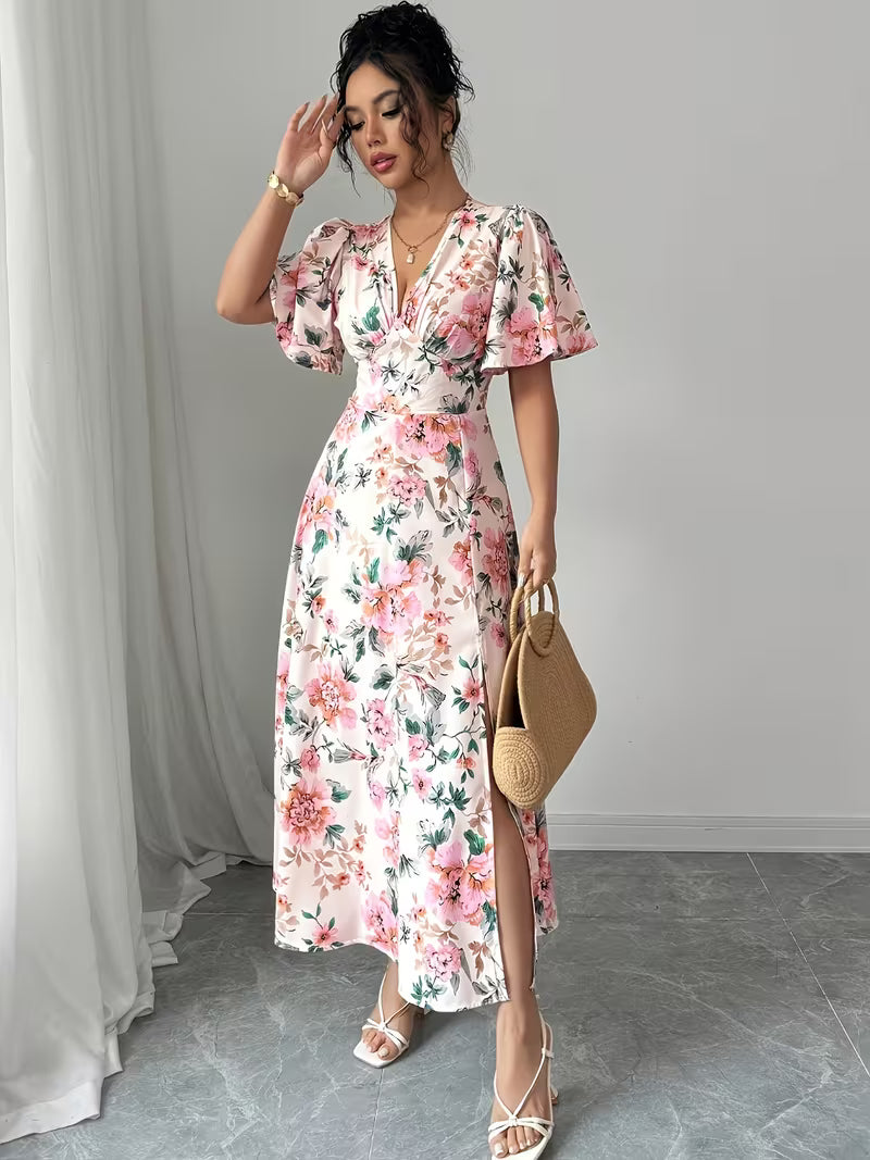 Mia — V-Ausschnitt Puffärmel-Kleid mit Beinschlitz