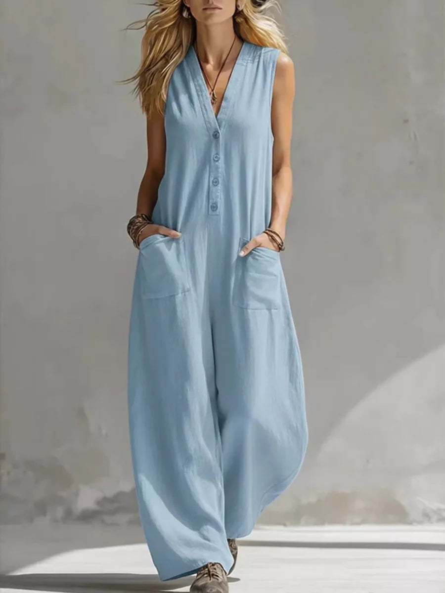 Solandra — Leinen-Jumpsuit mit V-Ausschnitt und weitem Bein
