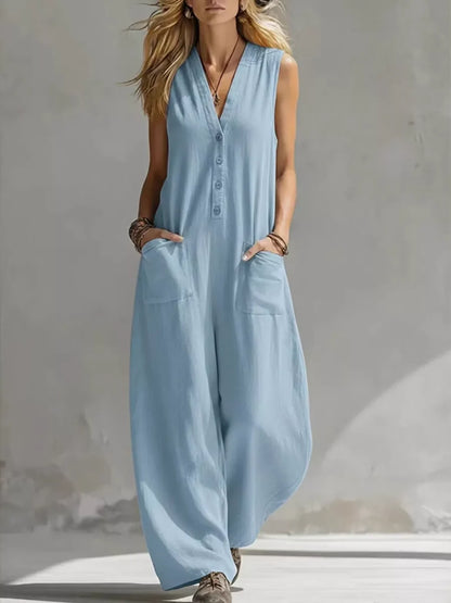 Solandra — Leinen-Jumpsuit mit V-Ausschnitt und weitem Bein