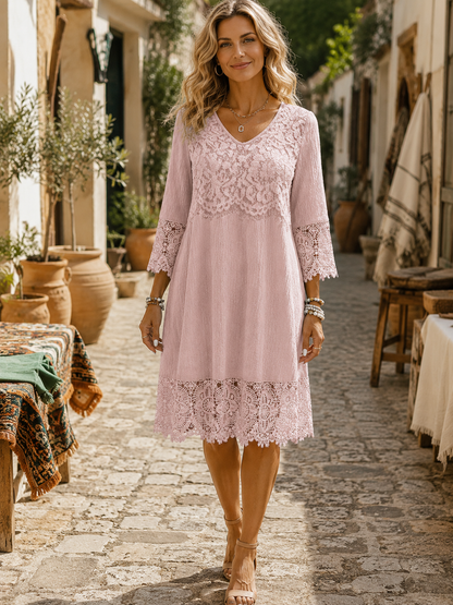 Kim — Spitzen-Patchwork-Kleid mit V-Ausschnitt, Casual-Stil