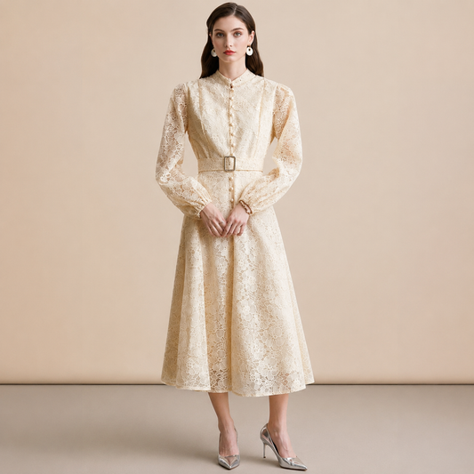 Ivoire —  Midikleid mit Spitze und Stehkragen