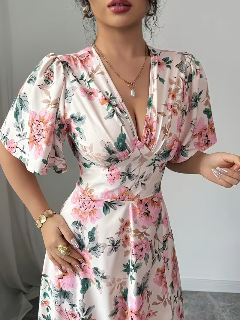 Mia — V-Ausschnitt Puffärmel-Kleid mit Beinschlitz