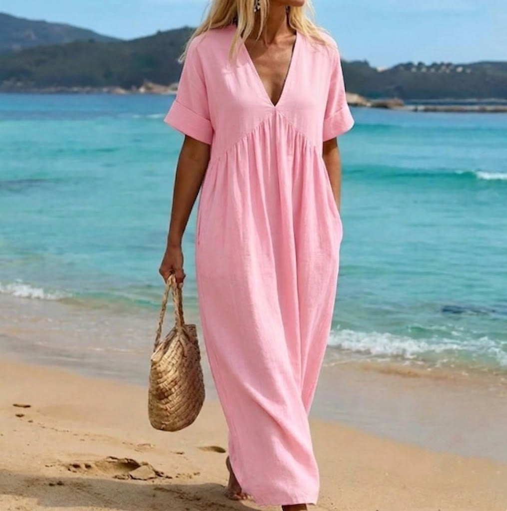 Viviana — V-Ausschnitt Leinen-Baumwoll Maxikleid