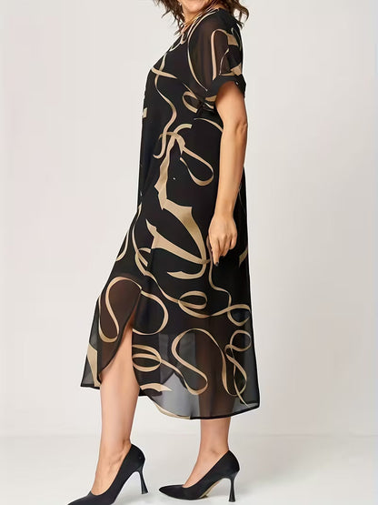 Amarelle — Fließendes V-Ausschnitt Midi-Kleid mit Schleifenmuster