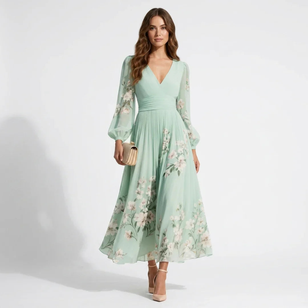 Florveil — Floral Falten V-Ausschnitt Langarm Maxikleid