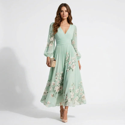 Florveil — Floral Falten V-Ausschnitt Langarm Maxikleid