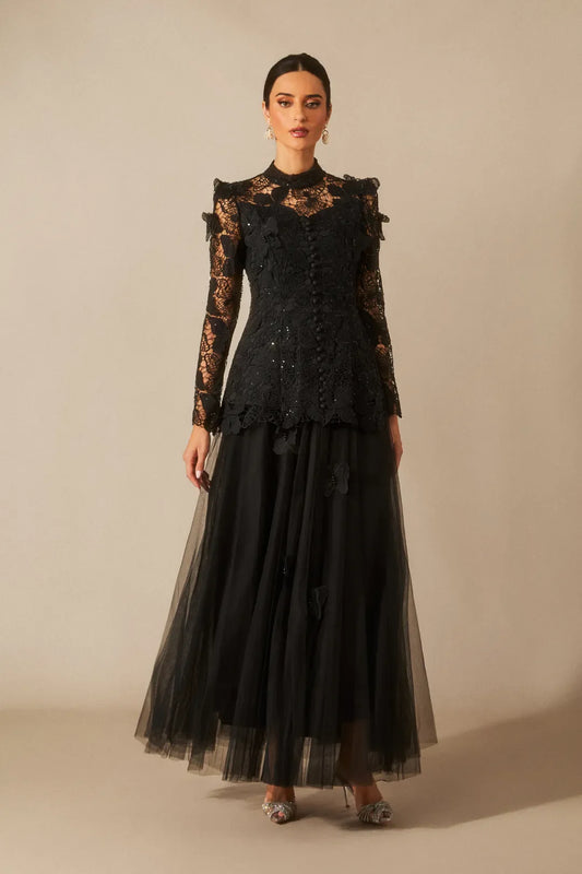 Elizabeth - Besticktes Spitzen-Maxikleid mit Schmetterlingen