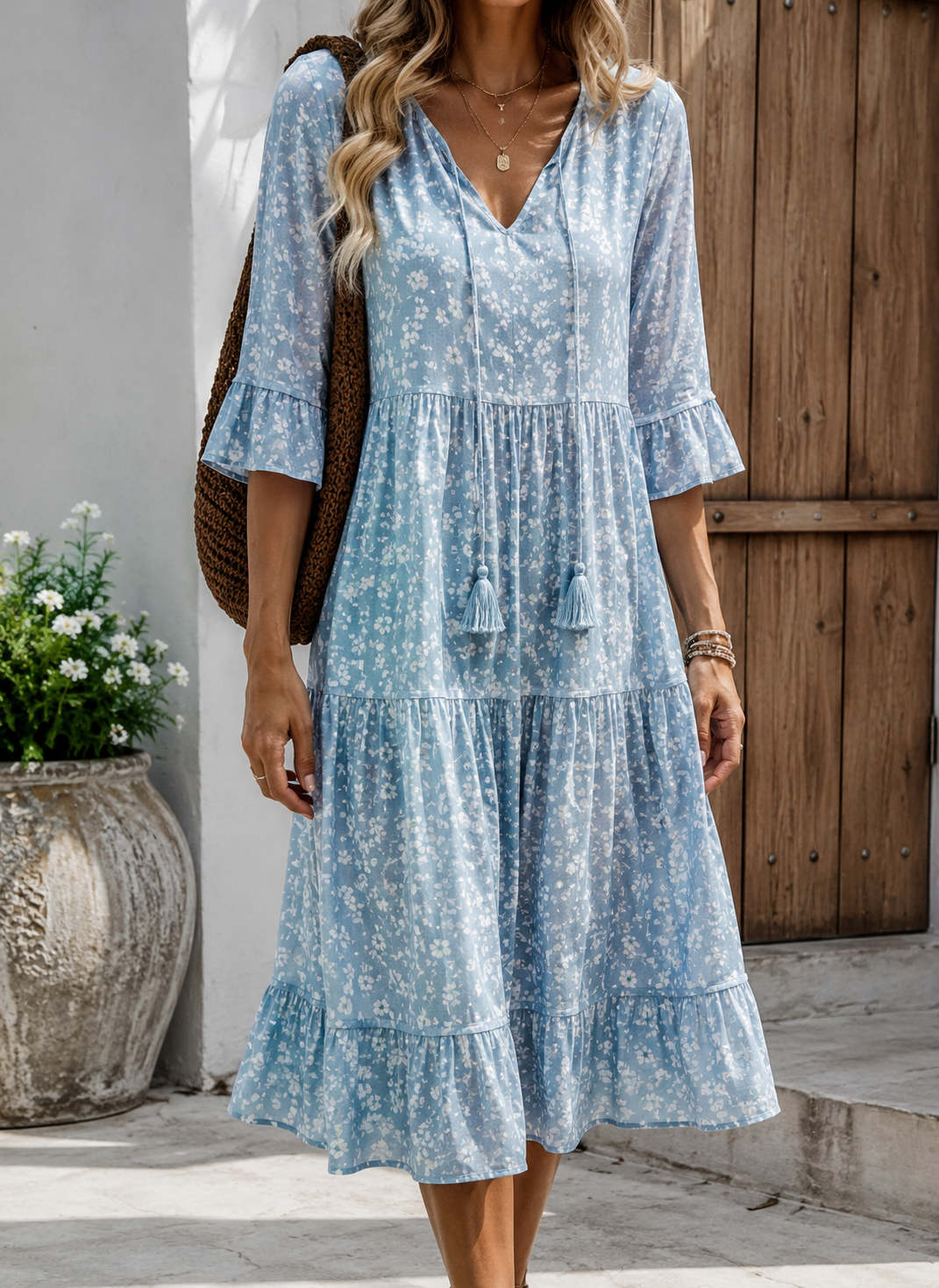 Rozy — Blumenkleid mit Bindeband, V-Ausschnitt und A-Linie